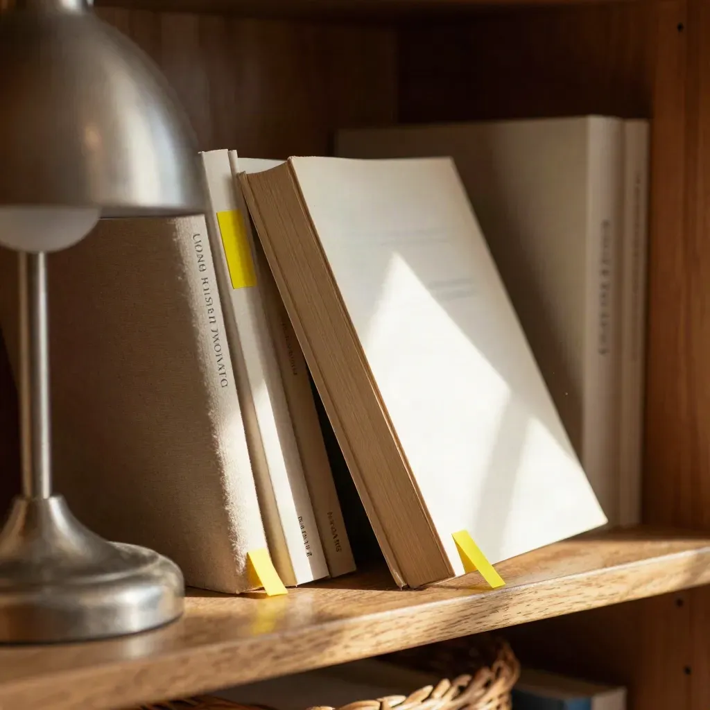 Sunlit bookshelf with slipping paperback, yellow bookmark, lamp and basket