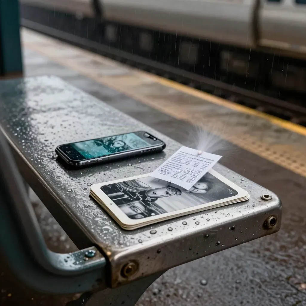 Rain-slick subway bench with glossy humor cards sliding in a train gust.