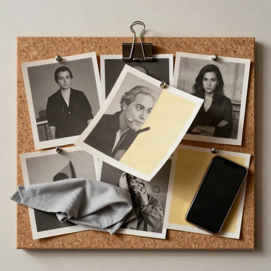 Pinned meme prints flutter off a cork board beside a binder clip, cloth, and dark phone.