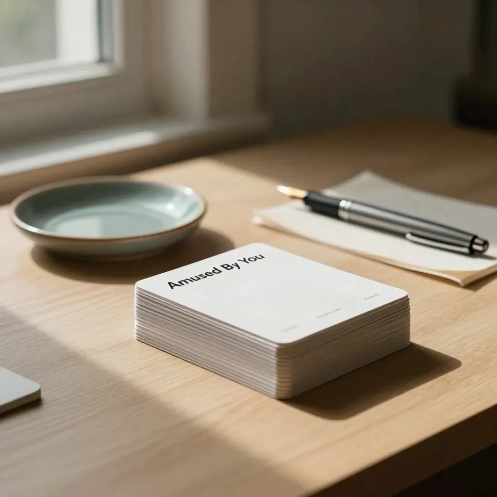 Caption cards and a fountain pen on a khaki desk, one card lifting in a window draft.