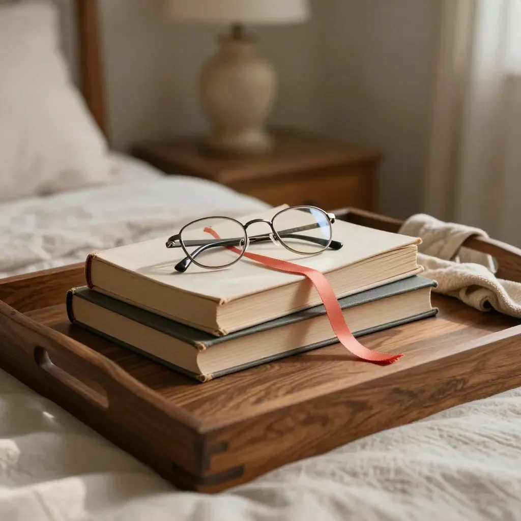 Sunlit bedside tray with closed books, glasses, and a coral ribbon on a folded throw.