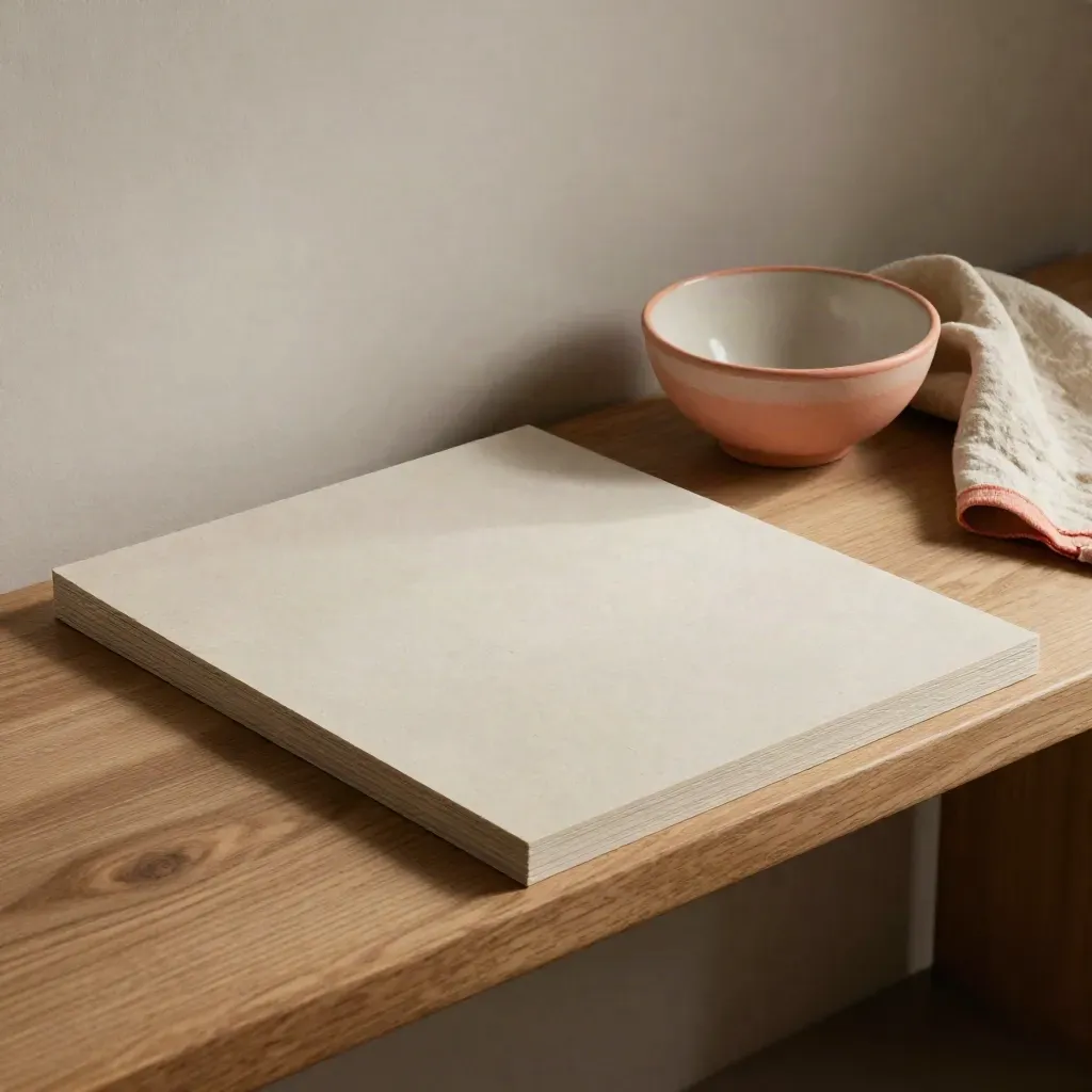 Photo mats, ceramic bowl and folded linen on an oak bench seen from above-right.