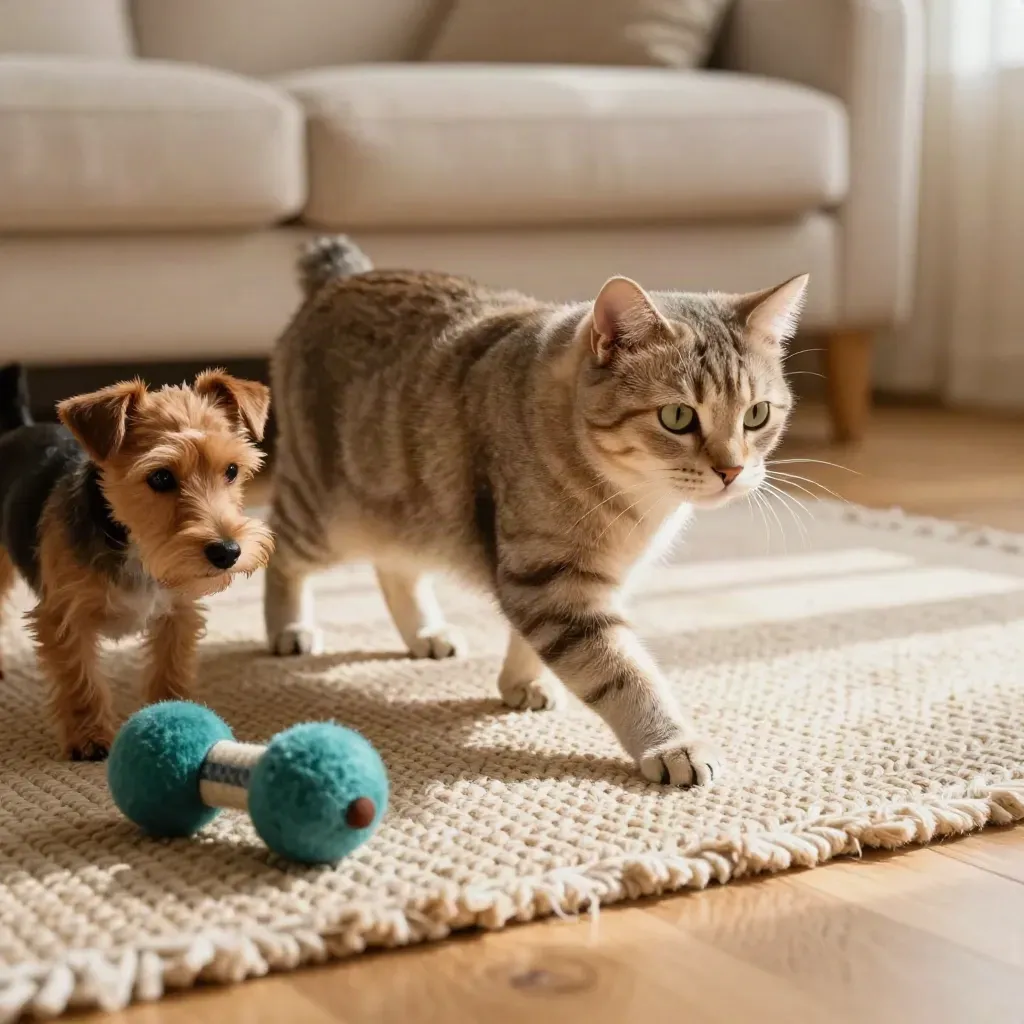 Tabby cat and small terrier on a sunlit rug beside a teal toy and throw