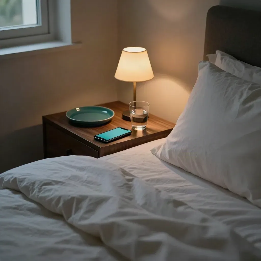 Bedside table with phone, lamp, water glass and teal tray beside rumpled sheets at night.