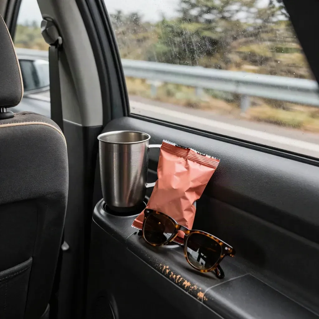Open car rear door with mug, snack pouch, sunglasses, and blurred highway outside.